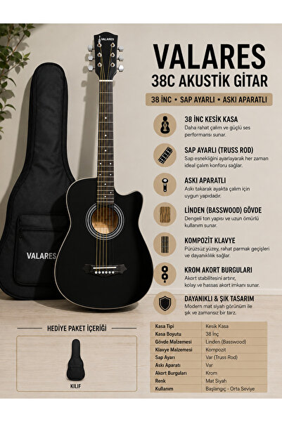 valares 38C Siyah Kesik Kasa 38 İnç Akustik Gitar Sap Ayarlı Kılıf hediye