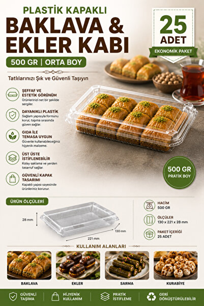 YOK YOK AMBALAJ Plastik Kapaklı Sızdırmaz Baklava Kabı Saklama Kutusu 500cc 2...