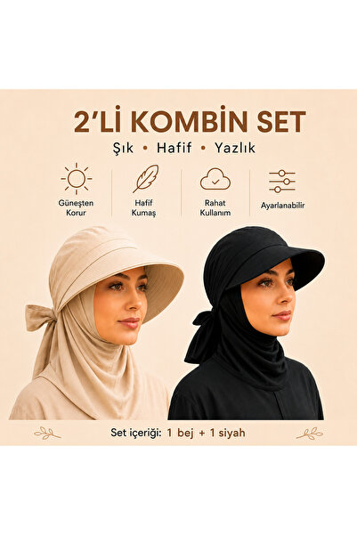 MYZİ STORE Kadın Yazlık Tesettür Vizörlü Bağlamalı Siperli 2'li Set Şapka Şık...