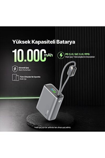 Ttec ReCharger Pro TFT 10.000mAh PD 20W USB-C ve Lightning Dahili Kablolu Taşınabilir Hızlı Şarj Aleti Powerbank 2BB278UG