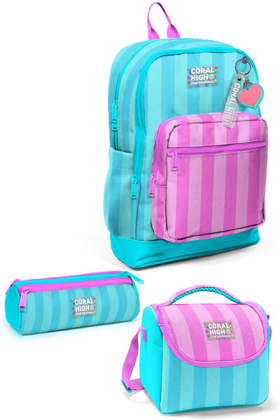 Coral High Turquoise Pink Striped 3-Piece School Bag Set