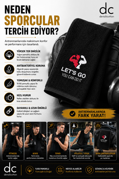 denizlicotton Embroidered Sports Towel Cotton Sweat Absorbent Fitness Pilates Boxing Tennis Towel 30X90