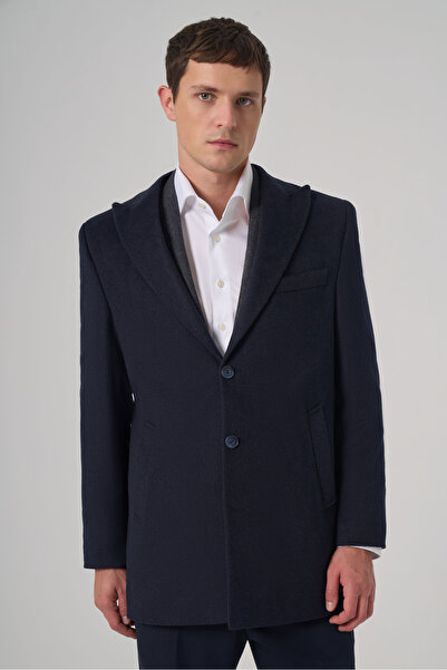 Morven Men's Navy Blue Wool Flat Dynamic Fit Pointed Collar Coat
