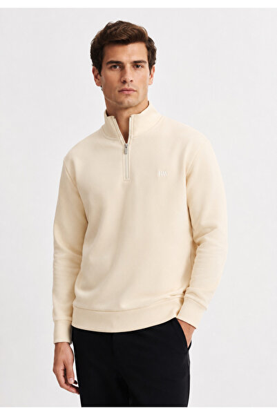 Generic Brand Men's Relax Fit Relaxed Cut Cotton Half Zip Ecru Stand Collar S...