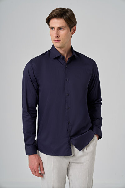 Morven Men's Navy Blue Cotton Slim Fit Italian Collar Shirt