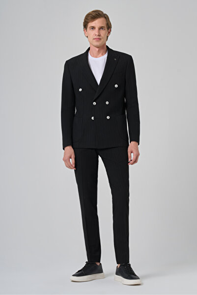 Morven Erkek Siyah Poliviskon Trend Çizgili Slim Fit Sivri Yaka Kruvaze Takım...