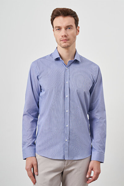 Morven Men's Blue Cotton Printed Patterned Italian Collar Slim Fit Shirt