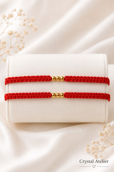 Crystal Atelier Gold Color Triple Dorica Ball Red String Macrame 3 Dorica Bra...