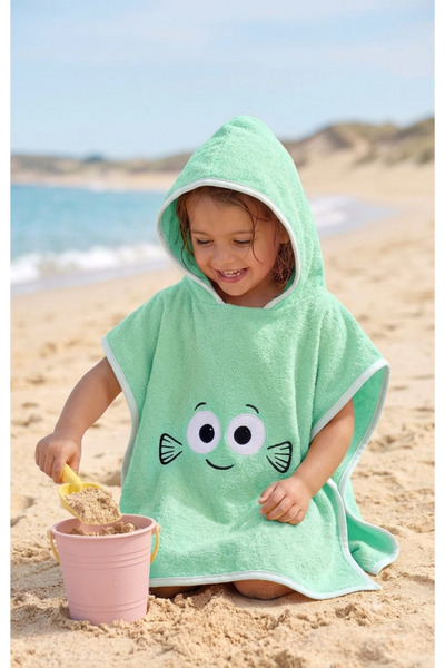 PAMUK HANIM Cotton Soft Towel for Girls and Boys, Suitable for Sea, Beach, Pool, and Bathroom. Hooded Poncho in Mint Green/Eyes Color.