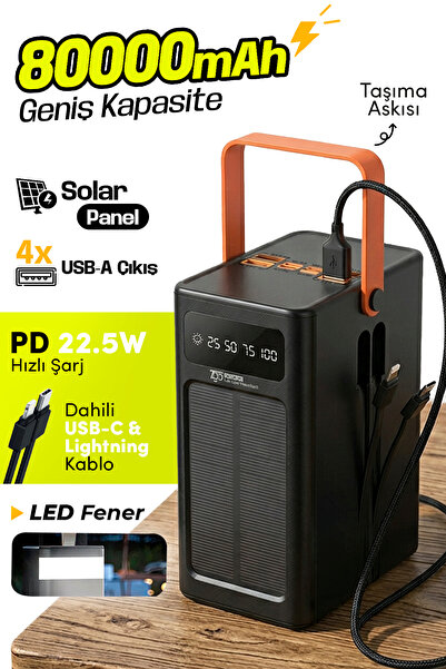 7GO GPW-10 80000mAh Güneş Enerjili Powerbank PD 22.5W Hızlı Şarj – Dahili Kab...