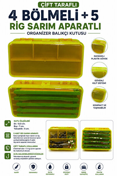 sr sazanrig Çift Taraflı 4 Bölmeli +5 Rig Sarım Aparatlı Organizer Balıkçı Ku...