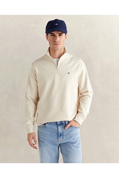 Gant Erkek Bej Relaxed Fit Yarım Fermuarlı Logolu Sweatshirt