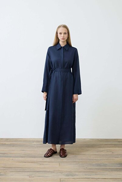 NATURAL 100% LINEN SHIRT DRESS - NAVY