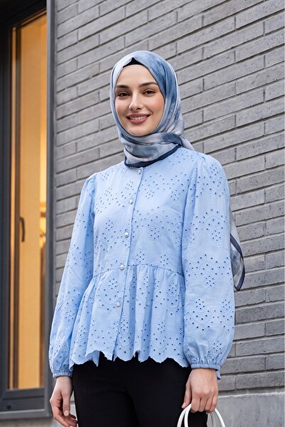 Modamorfo Elastic Sleeves, Openwork Buttons, Lined Shirt - Blue
