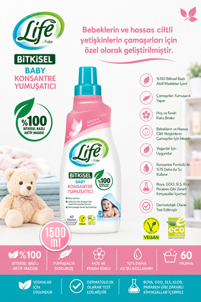 Life by Fakir Bitkisel Vegan Konsantre Bebek Çamaşır Yumuşatıcısı 1500 Ml-hip...