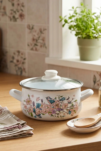 Bonera 16cm Bird Patterned - Single Enamel Casserole Pot with Glass Lid