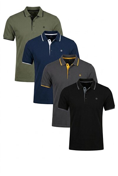 Buratti Pamuklu Regular Fit Şerit Detaylı Düğmeli Polo Yaka 4'lü Paket T Shir...