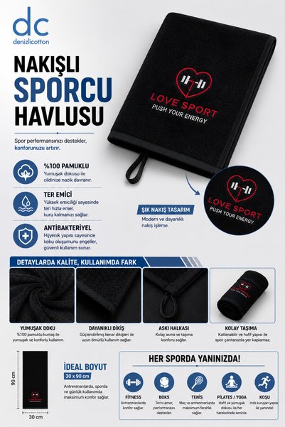 denizlicotton Embroidered Sports Towel Cotton Sweat Absorbent Fitness Pilates Boxing Tennis Towel 30X90