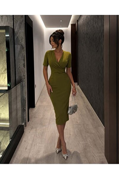 Modafeminen Kruvaze Yaka Kısa Kol Kalem Elbise FISTIK YEŞİLİ 582868