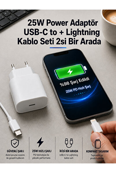 ArmoniaVital 25W Güçlü Güvenli Hızlı Şarj Cihazı ve 2 Adet Dayanıklı Type-C t...