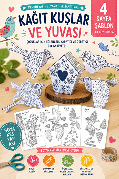 Organik Yolda Kağıt Kuşlar ve Yuvası Şablonu, Kendin Yap, 4 Adet Şablon, Boya...