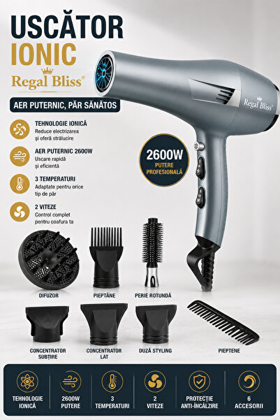 Regal Bliss Uscător ionic Regal Bliss®, 2600W, 2 viteze, 3 temperaturi, 6 acc...