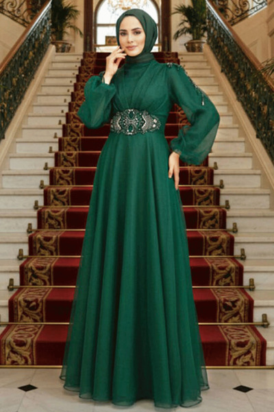Neva Style Boncuk Detaylı Yeşil Tesettür Abiye Elbise 2249Y