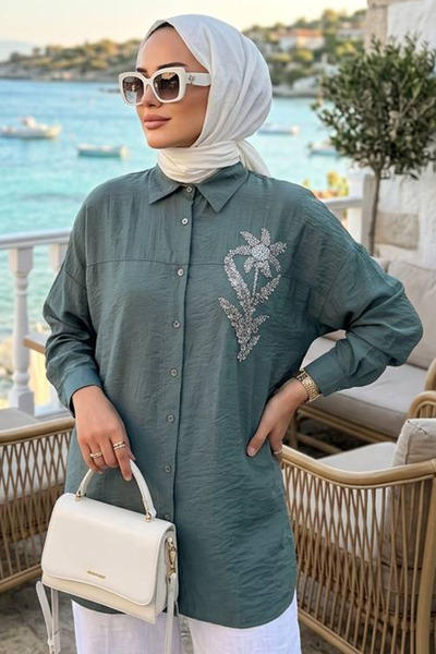 N.S NEVA STYLE قميص إسلامي بأزرار بلون النعناع الداكن 10084KMINT