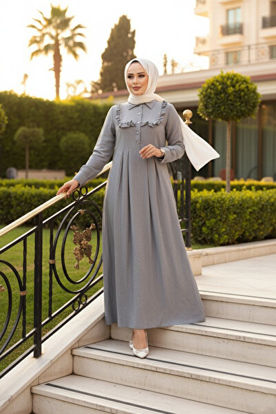N.S NEVA STYLE Gray Button Detail Modest Dress 7224GR