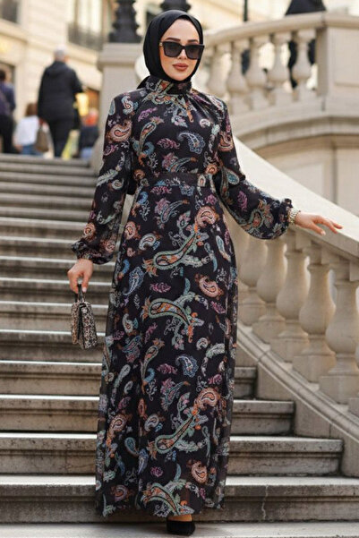 Neva Style Floral Print Black Orange Hijab Dress 52681St