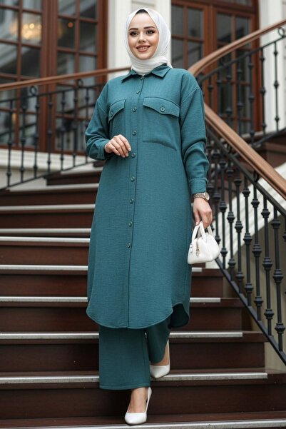 Neva Style Costum dublu hijab albastru petrol cu ​​nasturi 44661PM