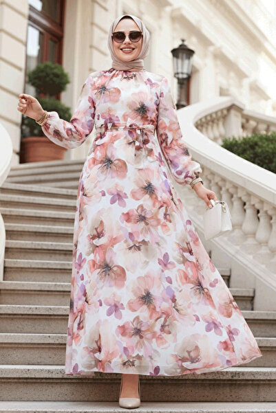 Neva Style Μπεζ φόρεμα χιτζάμπ με φλοράλ σχέδια 27996BEJ