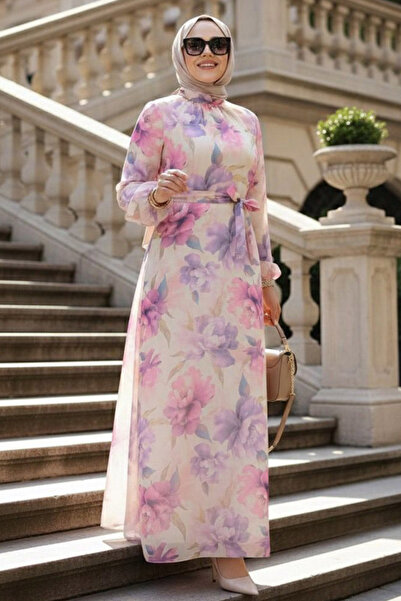 Neva Style Çiçek Desenli Lila Tesettür Elbise 279918LILA