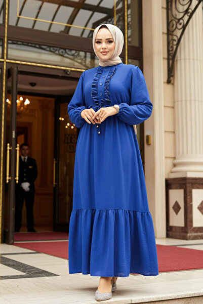 Neva Style Fırfır Detaylı Sax Mavisi Tesettür Elbise 6731SX