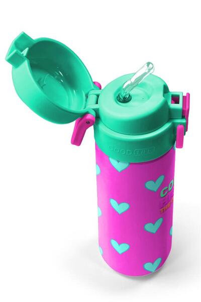Coral High Kids Neon Pink Water Green Heart Patterned Steel Thermos with Straw and Direct Drinking 500 ml 31906
