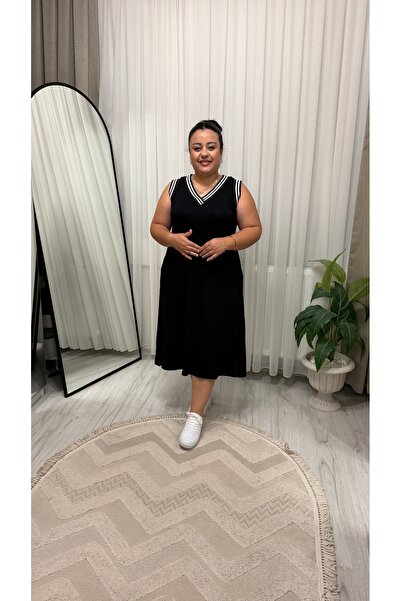 Butik Şerit Detaylı Siyah Elbise