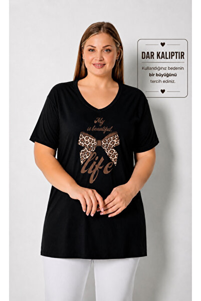 LOTTEBELLA Kadın V Yaka Baskılı Yırtmaçlı Büyük Beden T-shirt