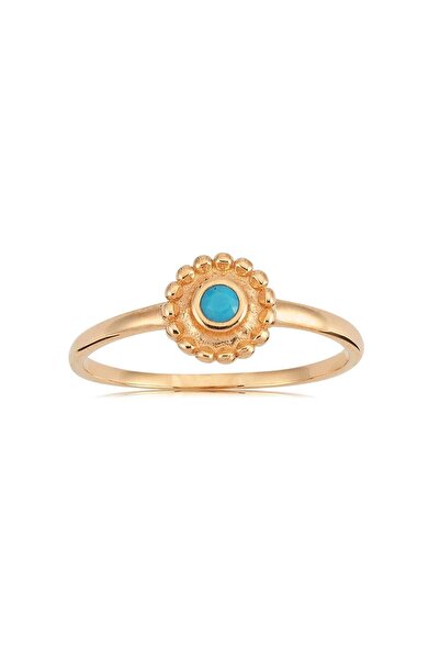 FasekGold Minimal Altın Yüzük - 14 Ayar Altın Çiçek Turkuaz Taşlı Minimal Kad...