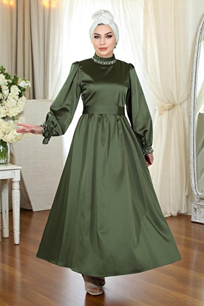 Missvalle Pearl Satin Evening Dress Khaki 19121