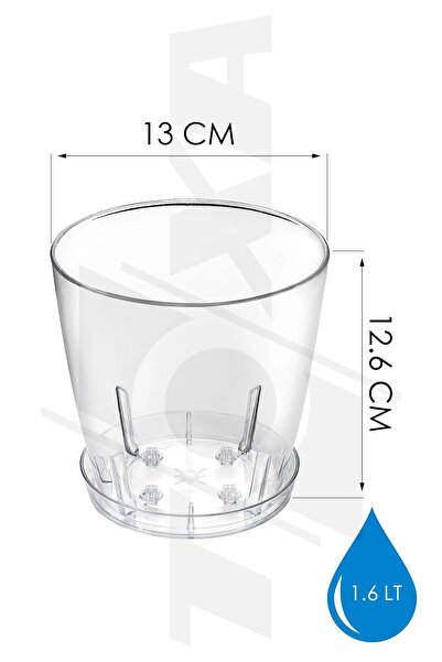 ToXA 1.6 Litre Orkide Saksısı (13 cm) Tabaklı Drenajlı Delikli Şeffaf Kristal Plastik