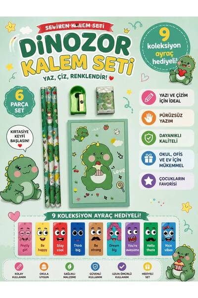 Pembe Pasaj Yeşil Kalem Seti - Sevimli Kırtasiye Seti