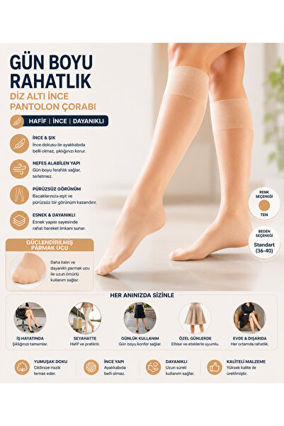Farve 15 Den Kadın Dizaltı Ten İnce Pantolon Çorabı -Rahat Lastikli Kaymaz - ...