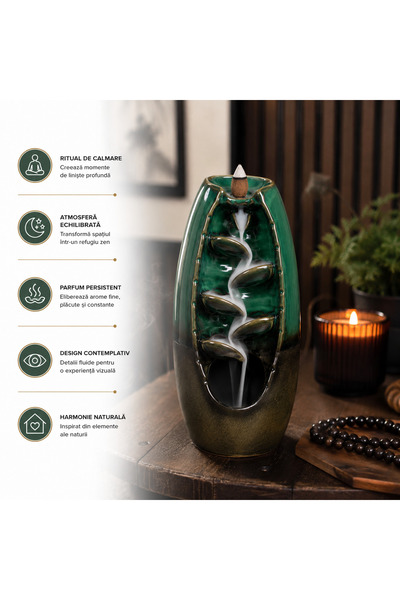 Ruhhy Suport aromaterapie tip cascada cu 55 conuri parfumate, efect backflow waterfall, 20 x 12 x 10 cm, ceramica lemn stejar, Verde grafit