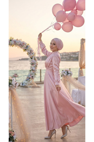 BAHAR DALI BTK Lalin Özel Dikim Drape Detaylı Özel Gün Tesettür Pudra Pembe A...