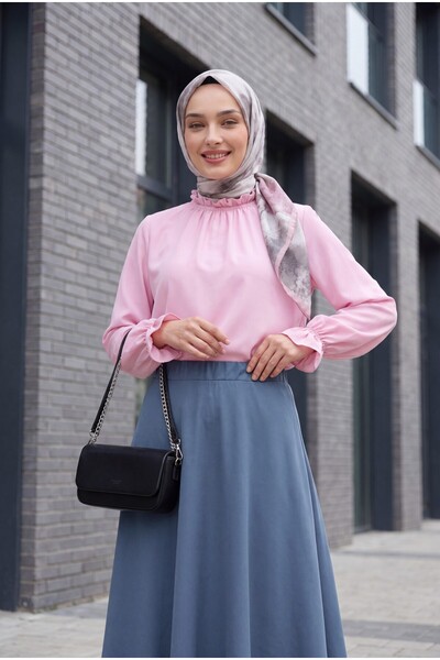 Modamorfo Yakası Büzgülü Bluz     -Pembe