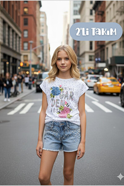 Hilal Akıncı Kids Set de două piese pentru fete, model de grădină, tricou cu ...