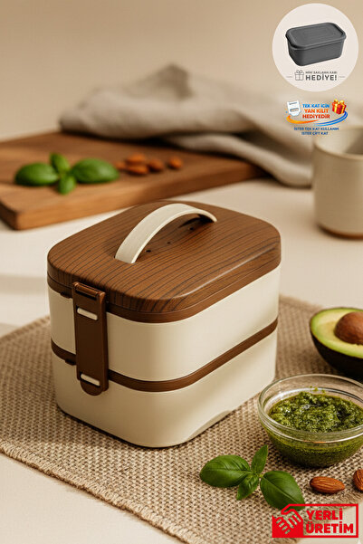 GUGGA Tier - 2 Katlı Çelik Hazneli Ahşap Görünümlü Sızdırmaz Kapaklı Lunchbox...