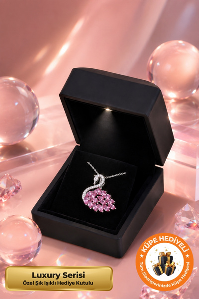 Lucente Jewellery Işıklı Hediye Kutulu Pink Swan 925 Ayar Gerçek Pembe Ametis...
