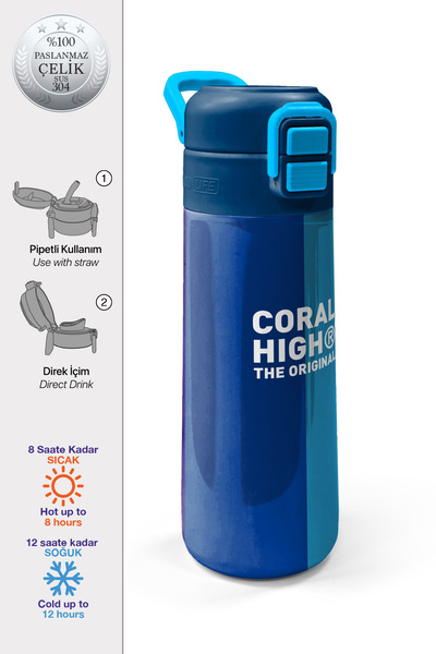 Coral High Kids Navy Blue Striped Straw and Direct Drinking Steel Thermos 500...