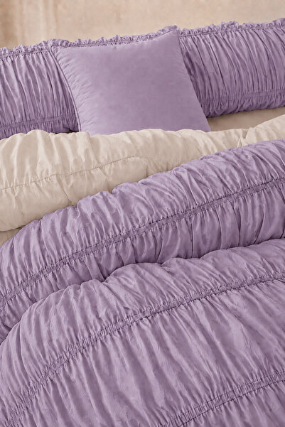 Ricco Lifes Drawstring Double Lilac-Cream Cotton Duvet Cover Set (Without Sheet)